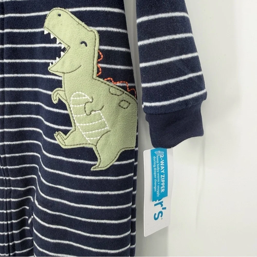 NWT Carter's Navy & White Striped Dinosaur One Piece Fleece Footie Pajama 24mo
